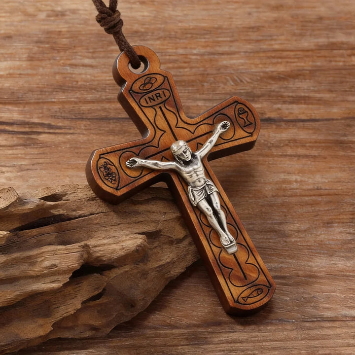 BlessingTree Olive Wood Crucifix Pendant Necklace with Jesus Corpus and INRI Inscription