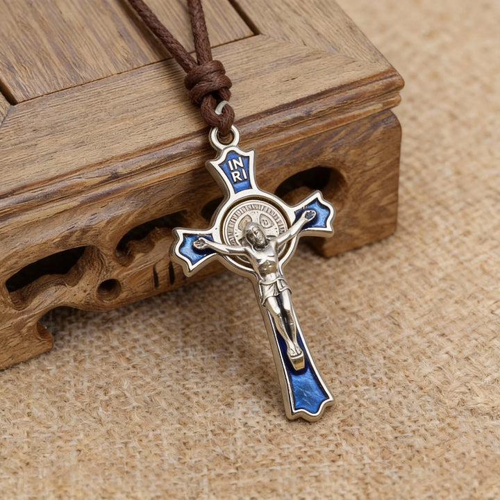 BlessingTree Saint Benedict Crucifix Pendant with Blue Enamel and Brown Cord
