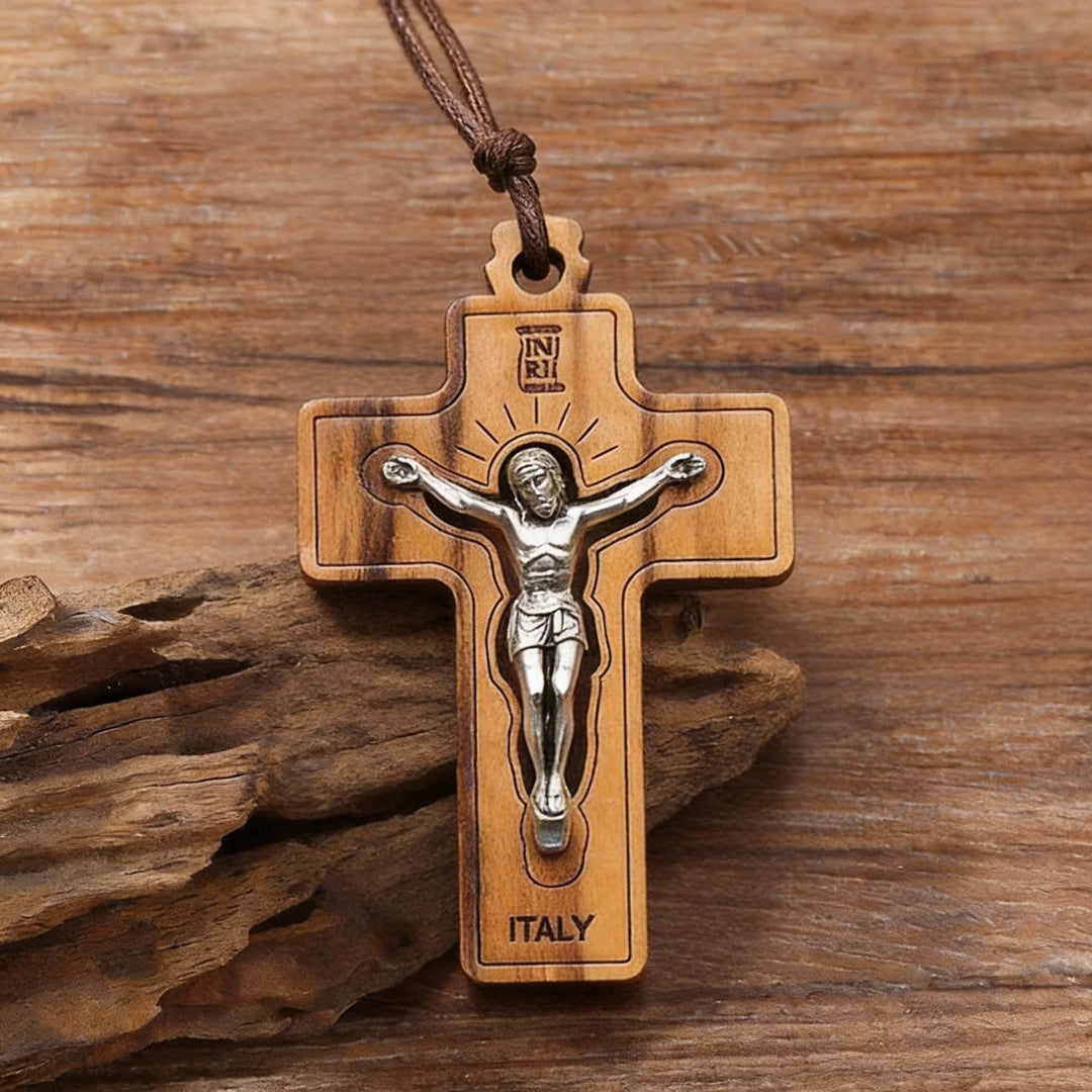 BlessingTree Olive Wood Crucifix with Silver Alloy Corpus and INRI