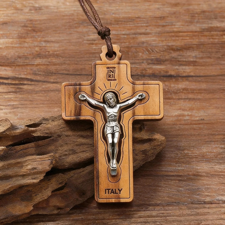 BlessingTree Olive Wood Crucifix with Silver Alloy Corpus and INRI