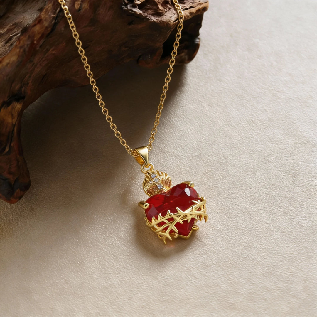 BlessingTree Red Sacred Heart Cross Necklace Zircon Catholic Devotional Pendant