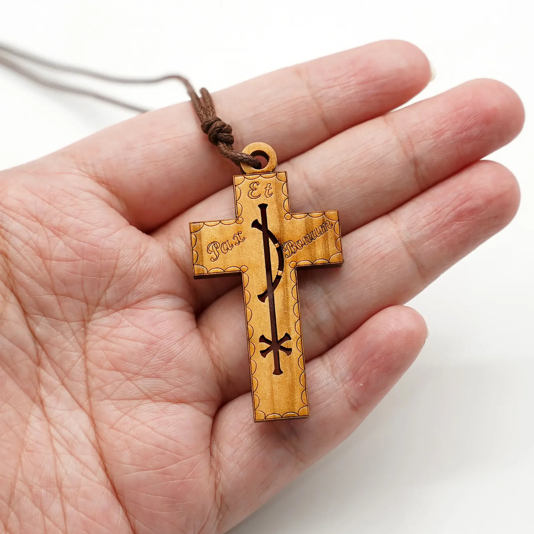 BlessingTree Olive Wood Peace Cross Pendant with Pax Et Bonum Engraving