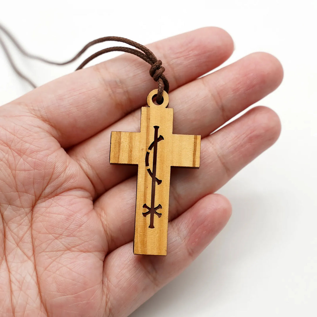 BlessingTree Olive Wood Peace Cross Pendant with Pax Et Bonum Engraving