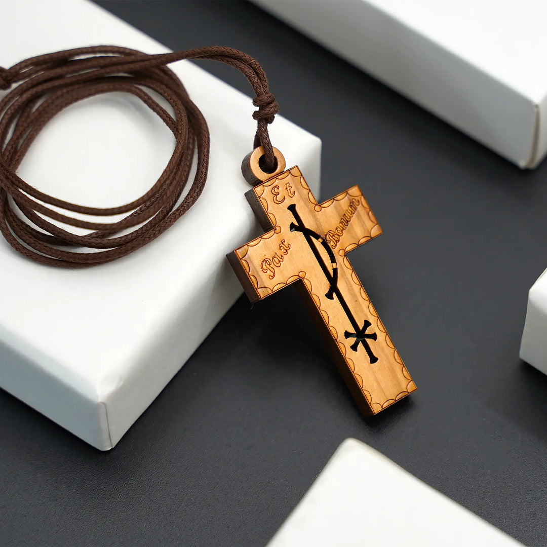 BlessingTree Olive Wood Peace Cross Pendant with Pax Et Bonum Engraving