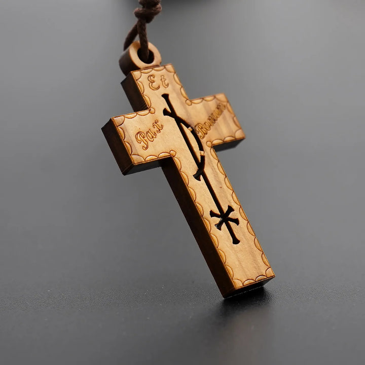 BlessingTree Olive Wood Peace Cross Pendant with Pax Et Bonum Engraving