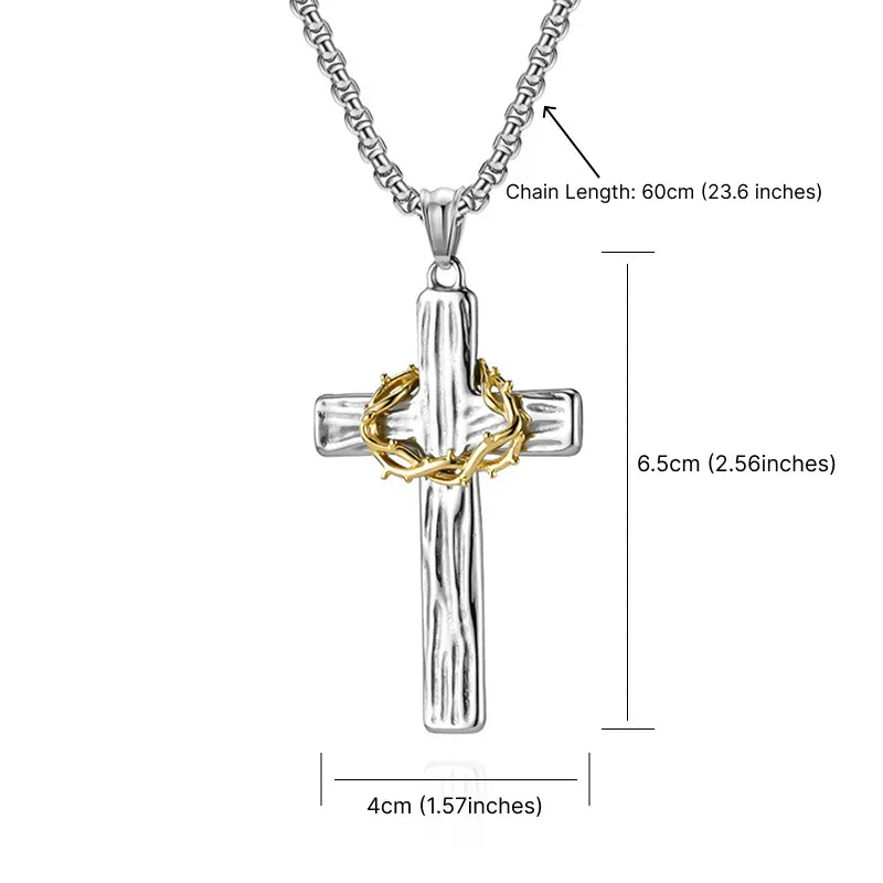 BlessingTree Stainless Steel Cross Necklace with Crown of Thorns