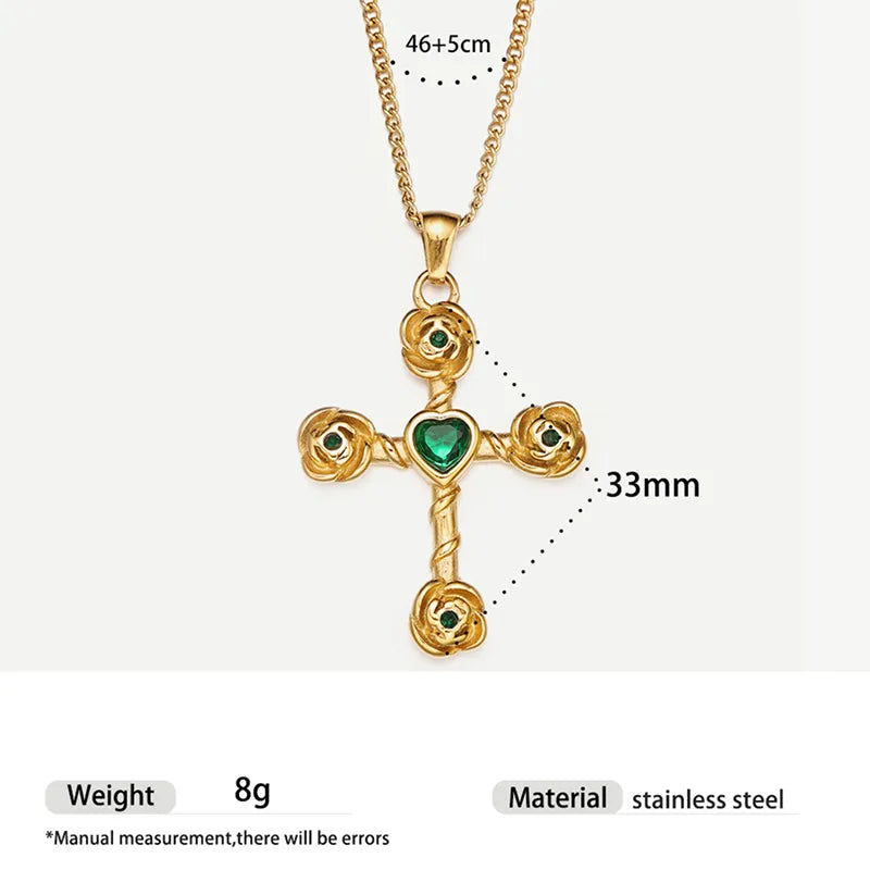BlessingTree Gold Cross Necklace with Green or Red Heart Stone Christian Stainless Steel Pendant