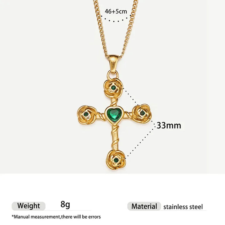 BlessingTree Gold Cross Necklace with Green or Red Heart Stone Christian Stainless Steel Pendant