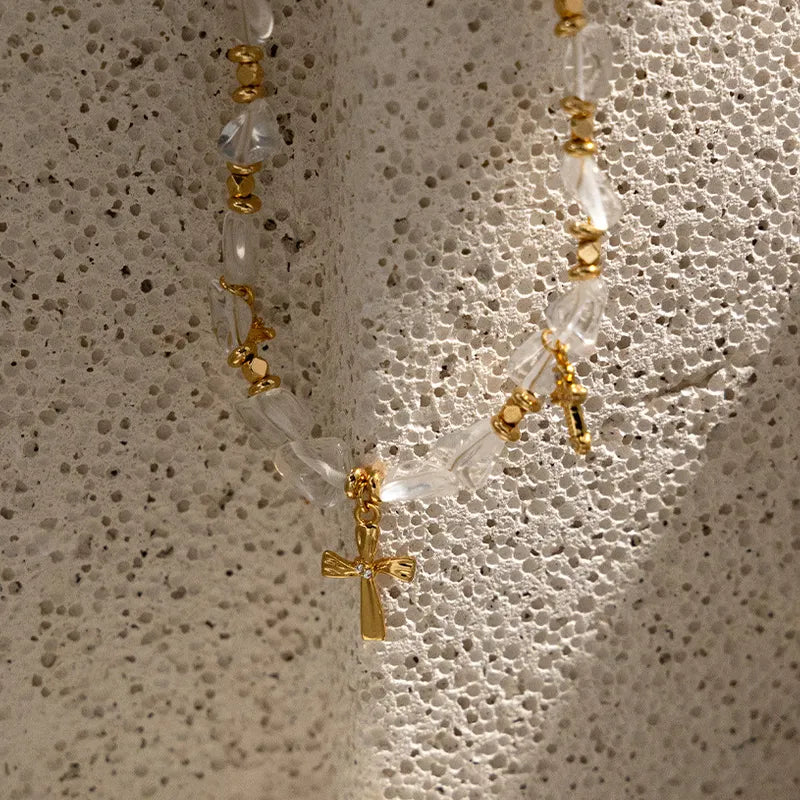 BlessingTree Vintage Zircon Cross Beaded Necklace with Crystal Chips