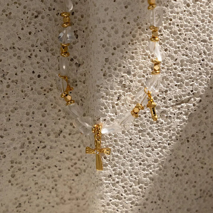 BlessingTree Vintage Zircon Cross Beaded Necklace with Crystal Chips