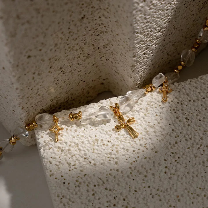 BlessingTree Vintage Zircon Cross Beaded Necklace with Crystal Chips