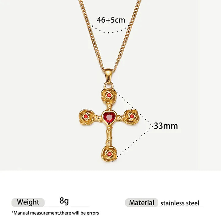 BlessingTree Gold Cross Necklace with Green or Red Heart Stone Christian Stainless Steel Pendant