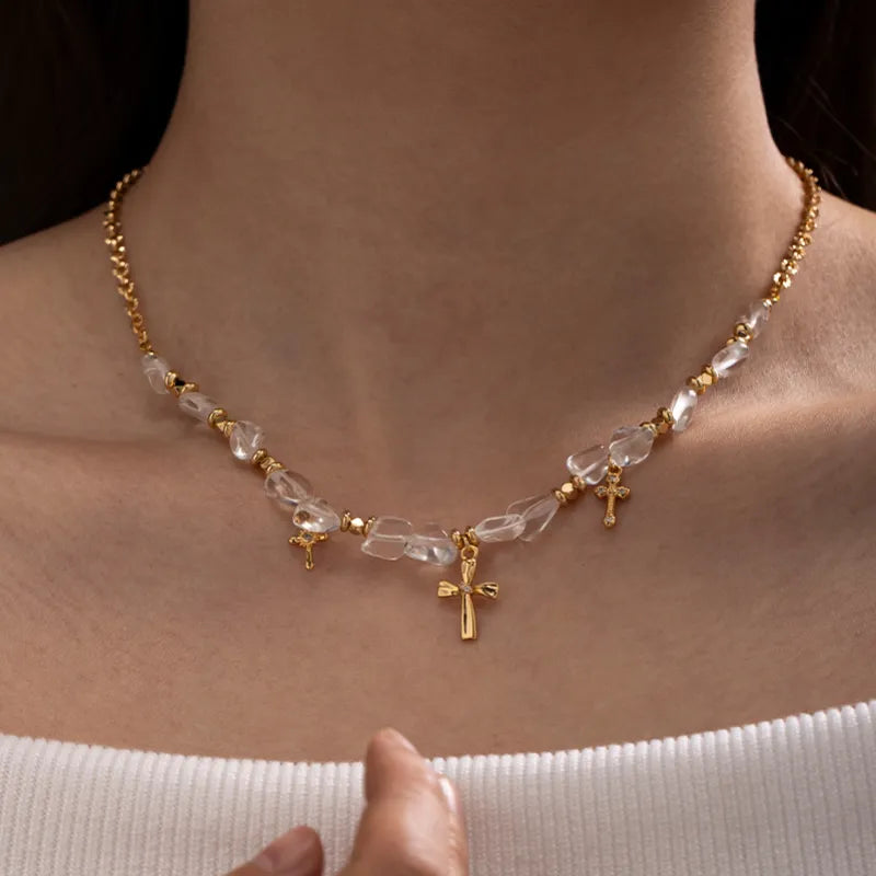 BlessingTree Vintage Zircon Cross Beaded Necklace with Crystal Chips