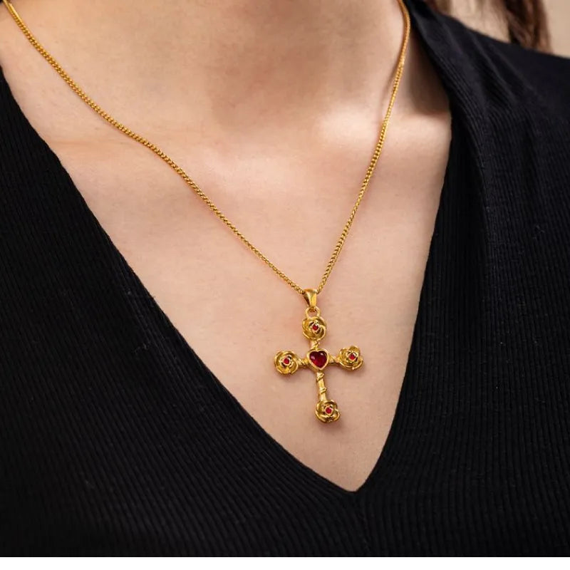 BlessingTree Gold Cross Necklace with Green or Red Heart Stone Christian Stainless Steel Pendant