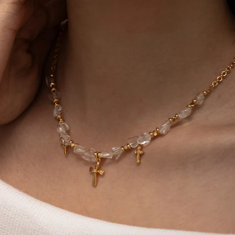 BlessingTree Vintage Zircon Cross Beaded Necklace with Crystal Chips