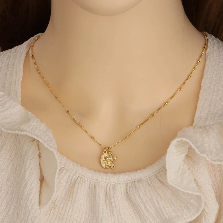 Miraculous Medal Cross Necklace Wearing Shot