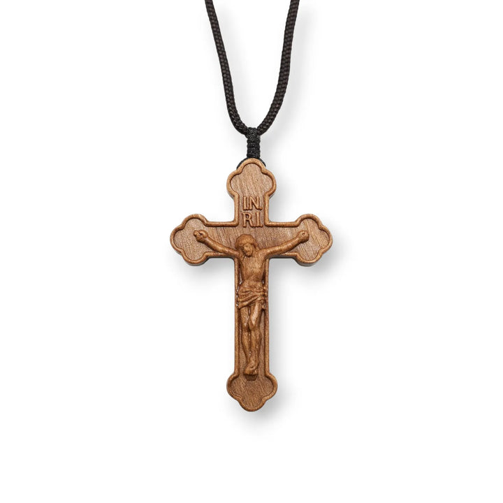 BlessingTree Dark Tone Olive Wood Crucifix Necklace with Chocolate Grain