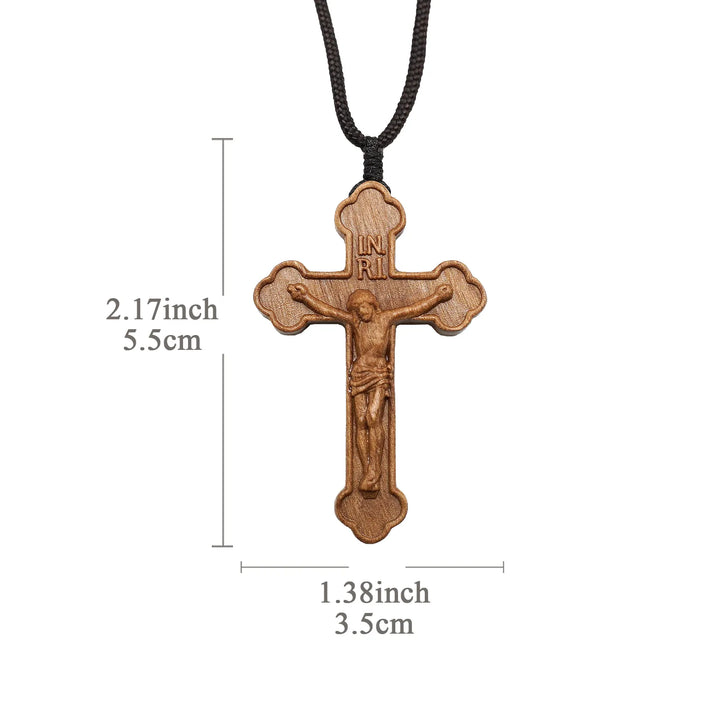 BlessingTree Dark Tone Olive Wood Crucifix Necklace with Chocolate Grain