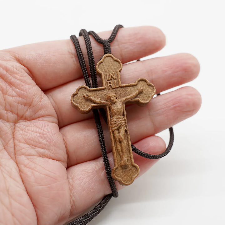 BlessingTree Dark Tone Olive Wood Crucifix Necklace with Chocolate Grain