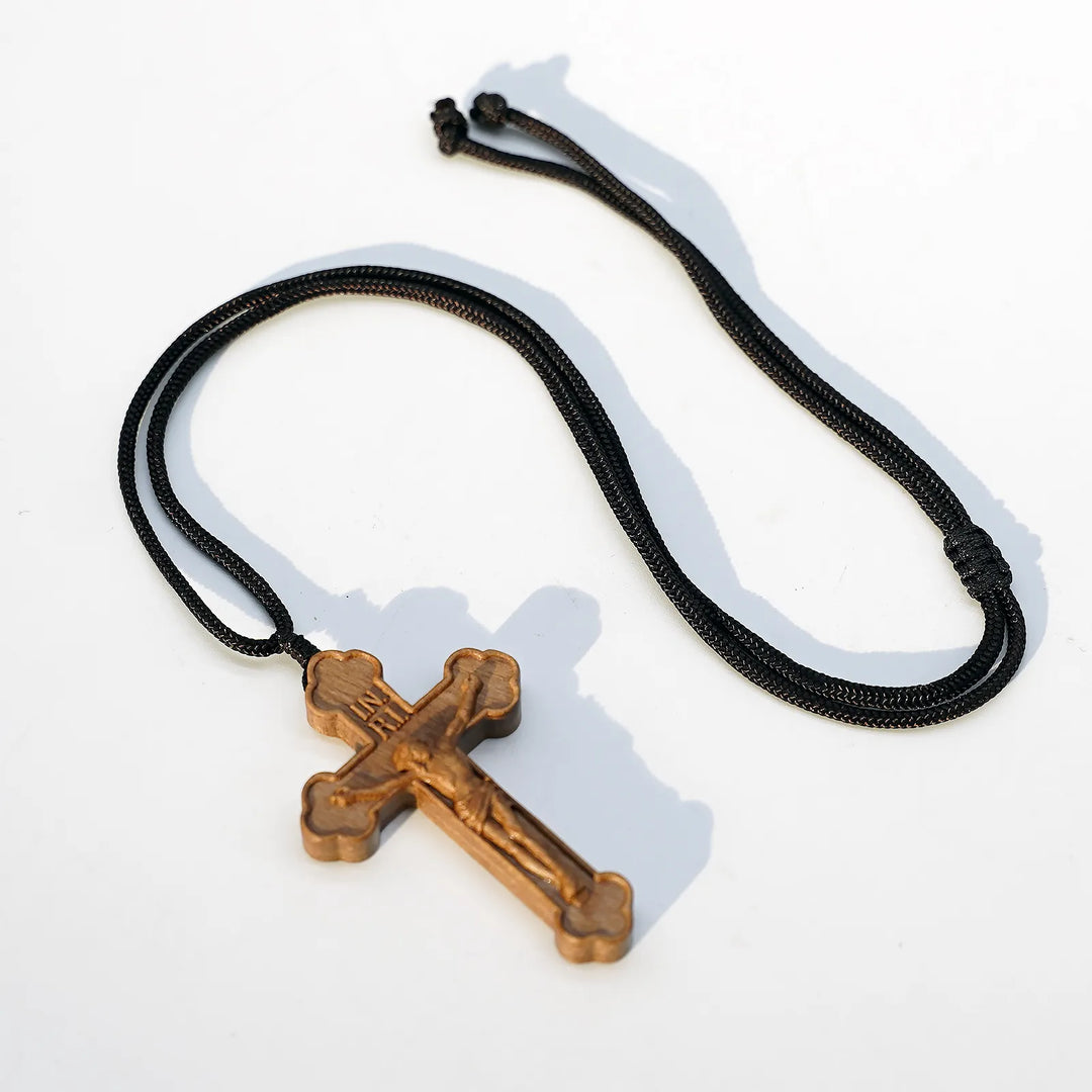 BlessingTree Dark Tone Olive Wood Crucifix Necklace with Chocolate Grain