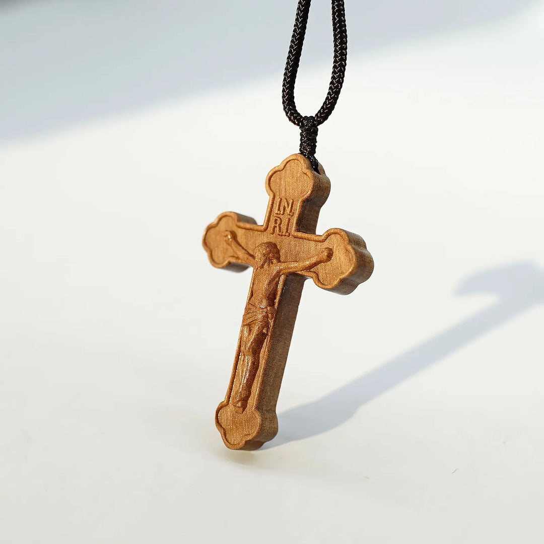 BlessingTree Dark Tone Olive Wood Crucifix Necklace with Chocolate Grain