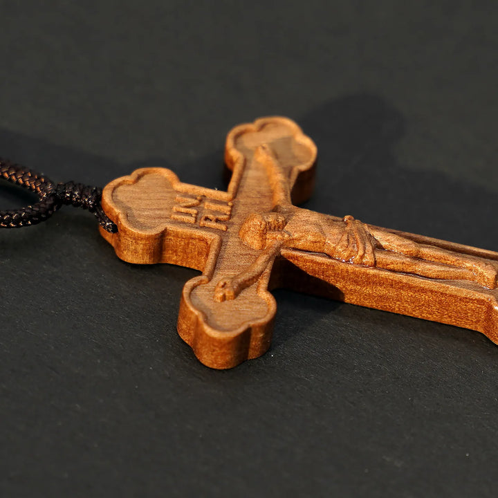 BlessingTree Dark Tone Olive Wood Crucifix Necklace with Chocolate Grain