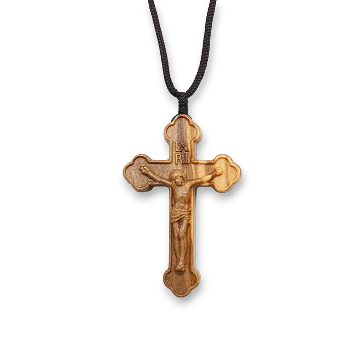 BlessingTree Natural Olive Wood Crucifix Necklace with Chocolate Grain Texture