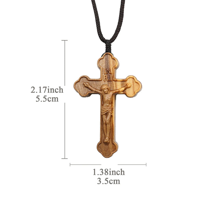 BlessingTree Natural Olive Wood Crucifix Necklace with Chocolate Grain Texture