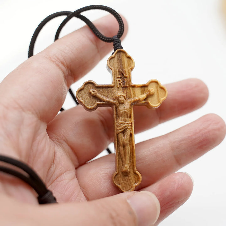 BlessingTree Natural Olive Wood Crucifix Necklace with Chocolate Grain Texture
