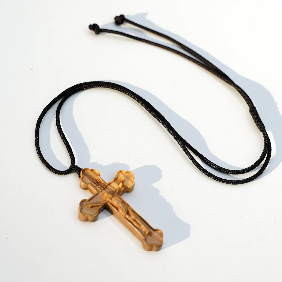 BlessingTree Natural Olive Wood Crucifix Necklace with Chocolate Grain Texture
