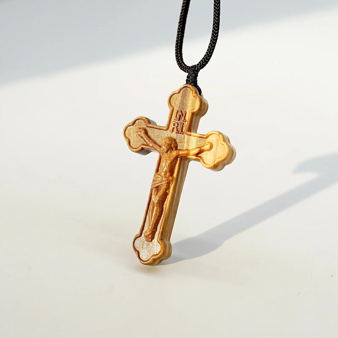 BlessingTree Natural Olive Wood Crucifix Necklace with Chocolate Grain Texture