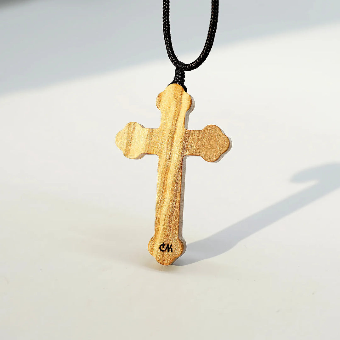 BlessingTree Natural Olive Wood Crucifix Necklace with Chocolate Grain Texture