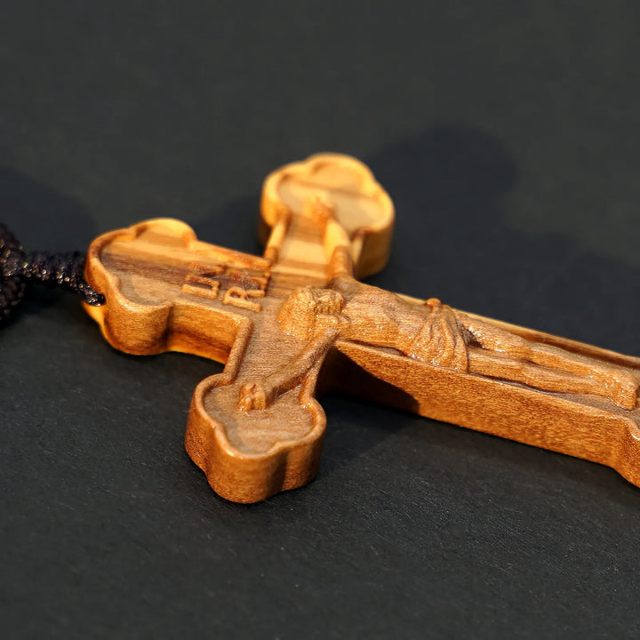 BlessingTree Natural Olive Wood Crucifix Necklace with Chocolate Grain Texture