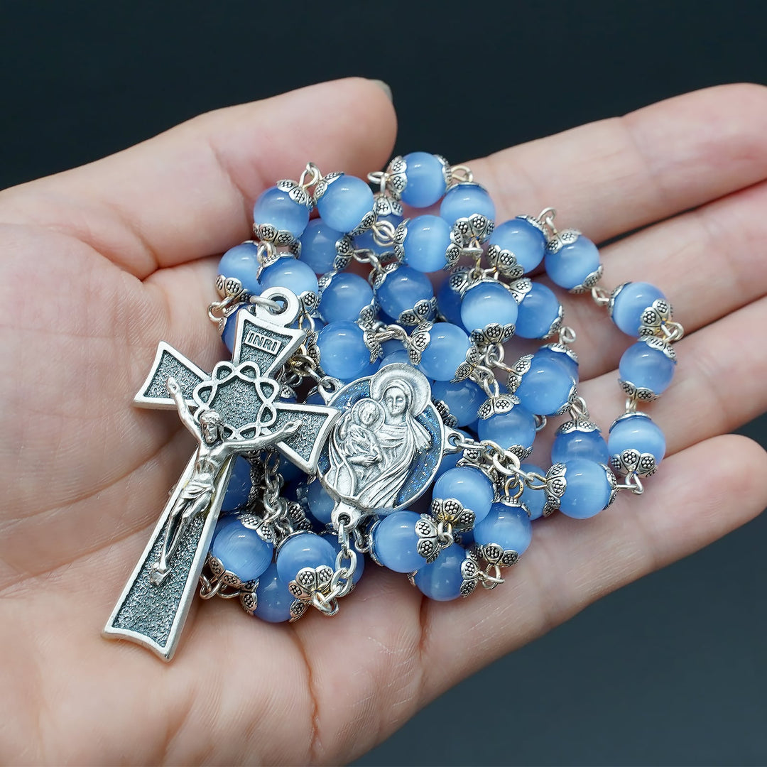 BlessingTree Madonna and Child Rosary, 8 mm Cat’s Eye Beads with Floral Caps, Chain Link Catholic Prayer Necklace with Crucifix