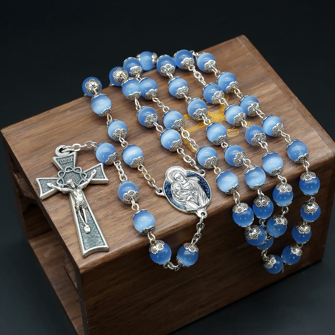 BlessingTree Madonna and Child Rosary, 8 mm Cat’s Eye Beads with Floral Caps, Chain Link Catholic Prayer Necklace with Crucifix