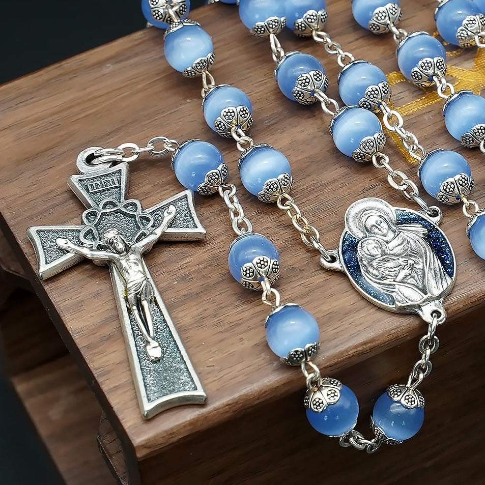 BlessingTree Madonna and Child Rosary, 8 mm Cat’s Eye Beads with Floral Caps, Chain Link Catholic Prayer Necklace with Crucifix