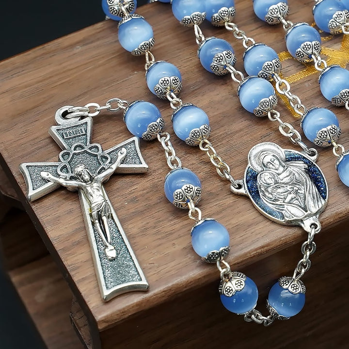 BlessingTree Madonna and Child Rosary, 8 mm Cat’s Eye Beads with Floral Caps, Chain Link Catholic Prayer Necklace with Crucifix