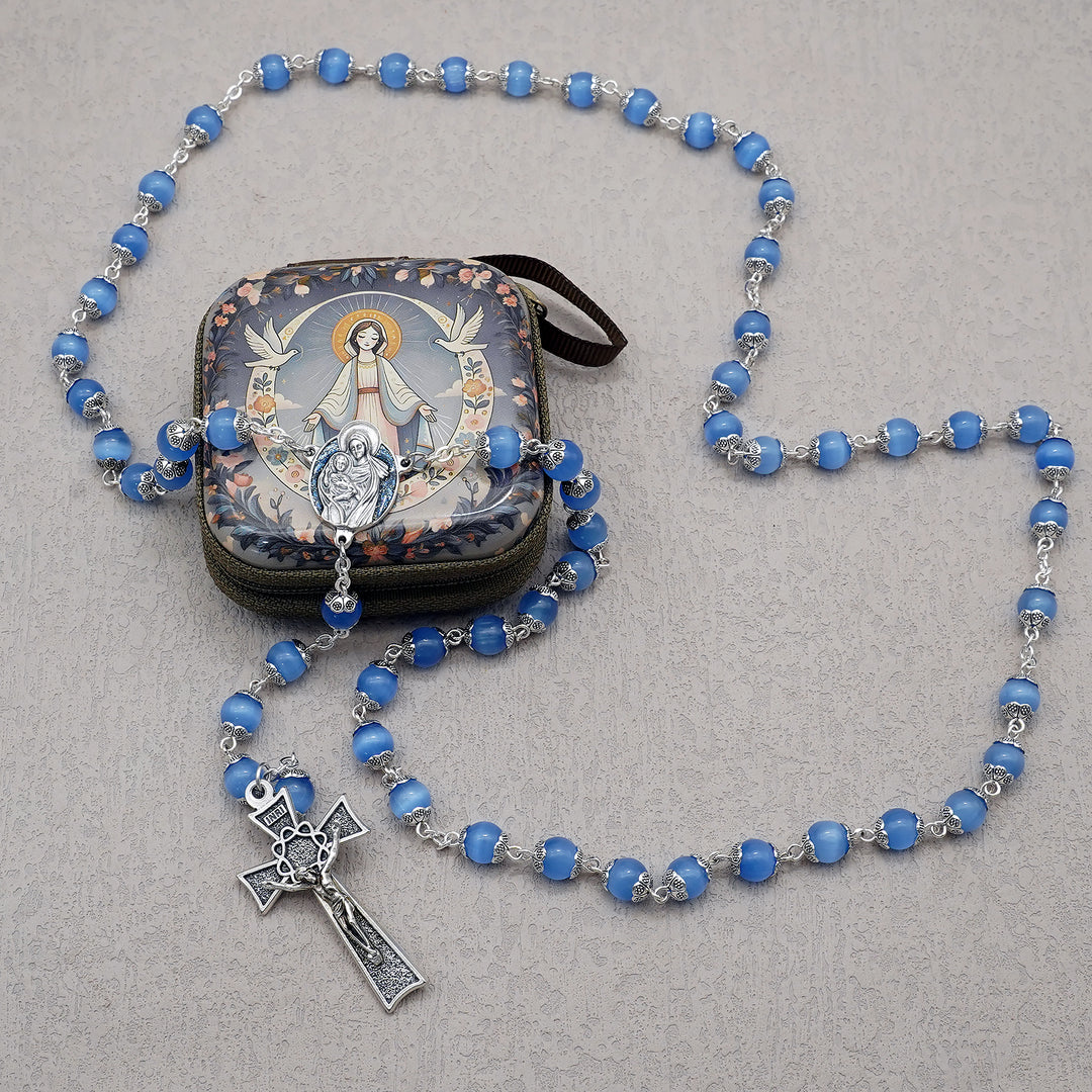 BlessingTree Madonna and Child Rosary, 8 mm Cat’s Eye Beads with Floral Caps, Chain Link Catholic Prayer Necklace with Crucifix