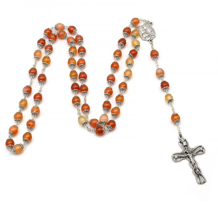 BlessingTree Natural Agate Rosary Bracelet, 8 mm Beads with Floral Caps, Madonna and Child Centerpiece, Vintage Catholic Prayer Jewelry