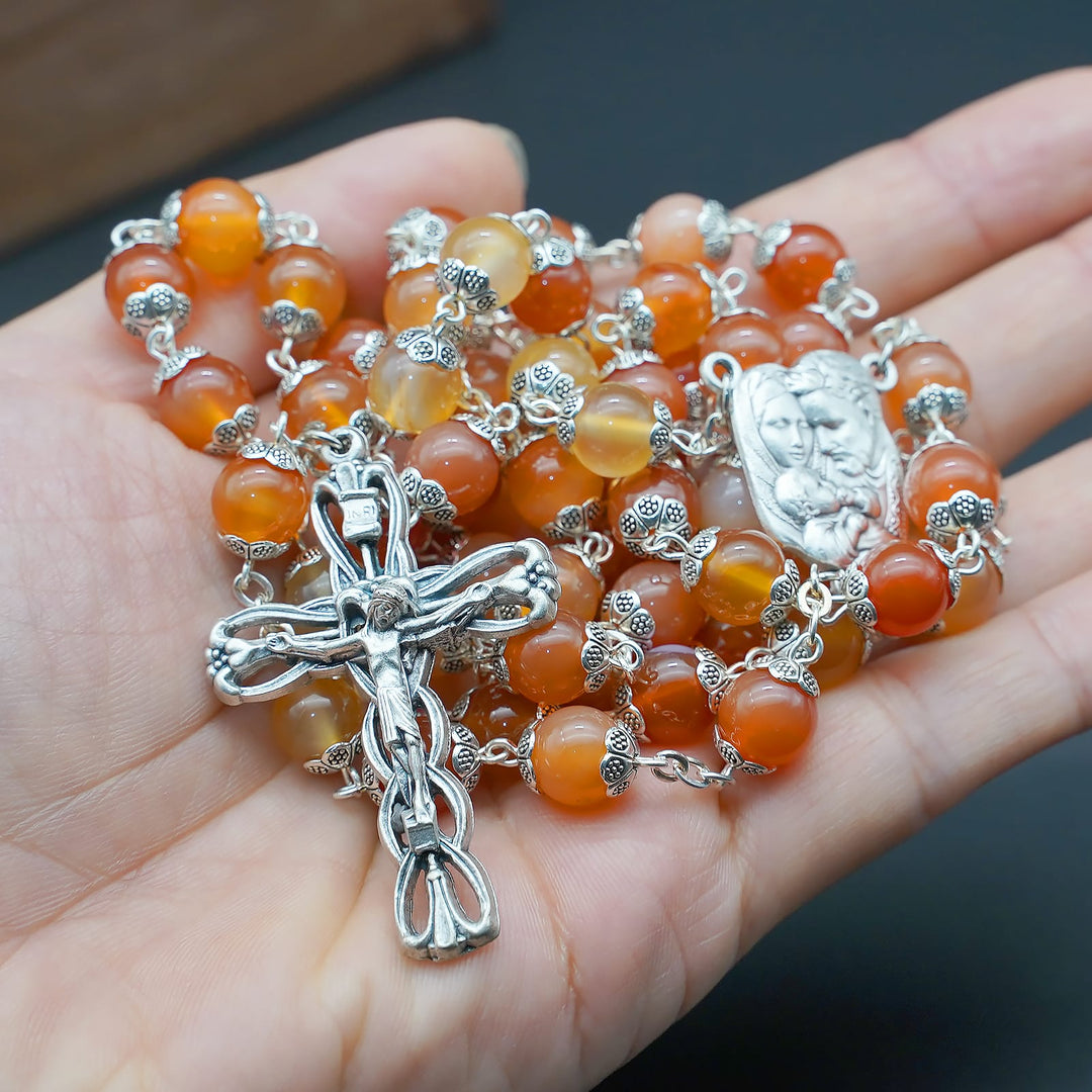 BlessingTree Natural Agate Rosary Bracelet, 8 mm Beads with Floral Caps, Madonna and Child Centerpiece, Vintage Catholic Prayer Jewelry