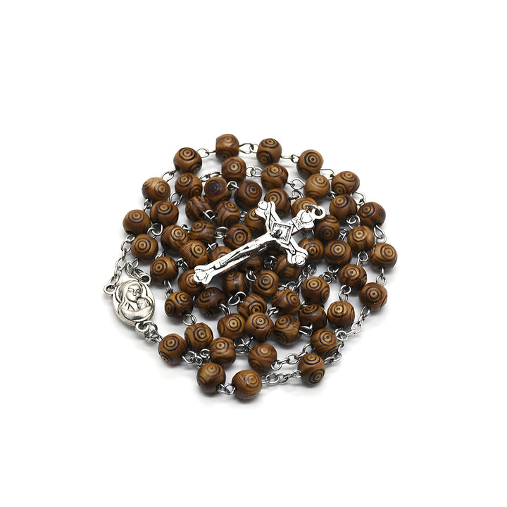 BlessingTree Handmade Wooden Rosary Necklace with Metal Crucifix