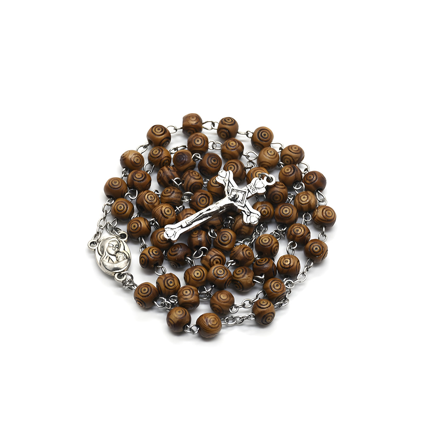 BlessingTree Handmade Wooden Rosary Necklace with Metal Crucifix