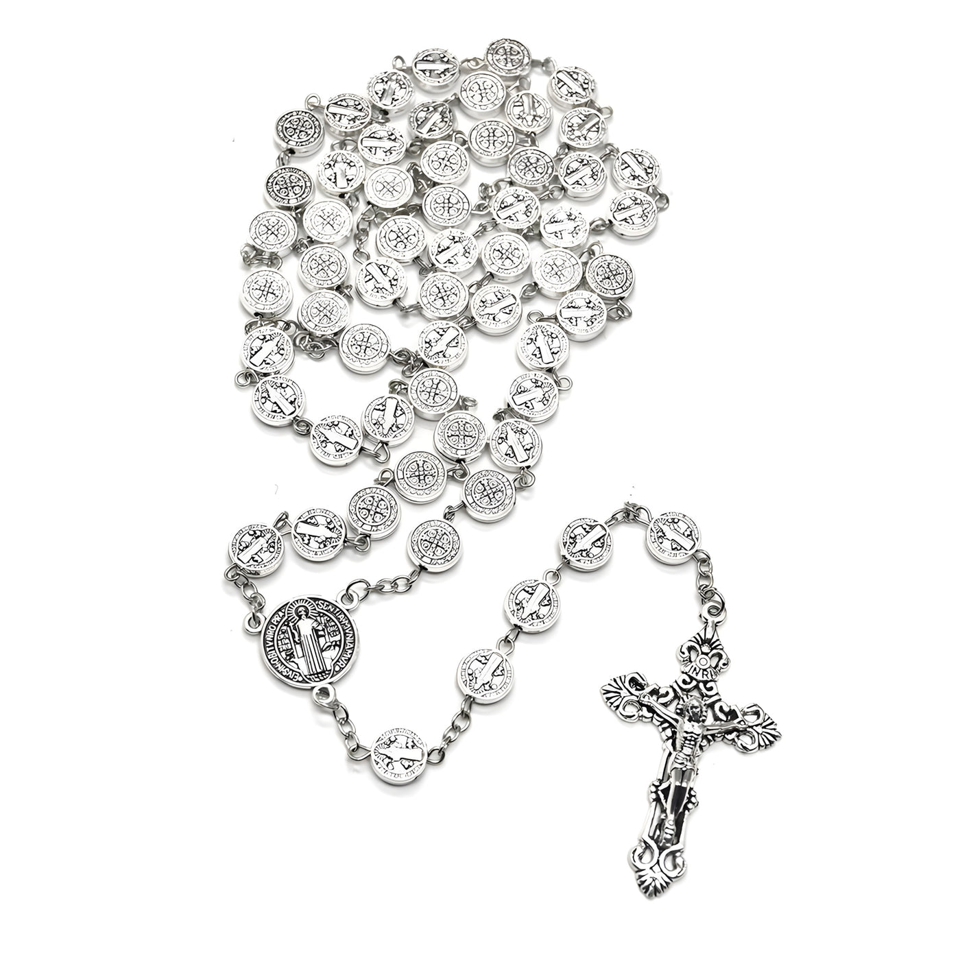 St. Benedict Antique Silver Rosary Necklace – 10mm Alloy Beads Catholic Crucifix Prayer Beads