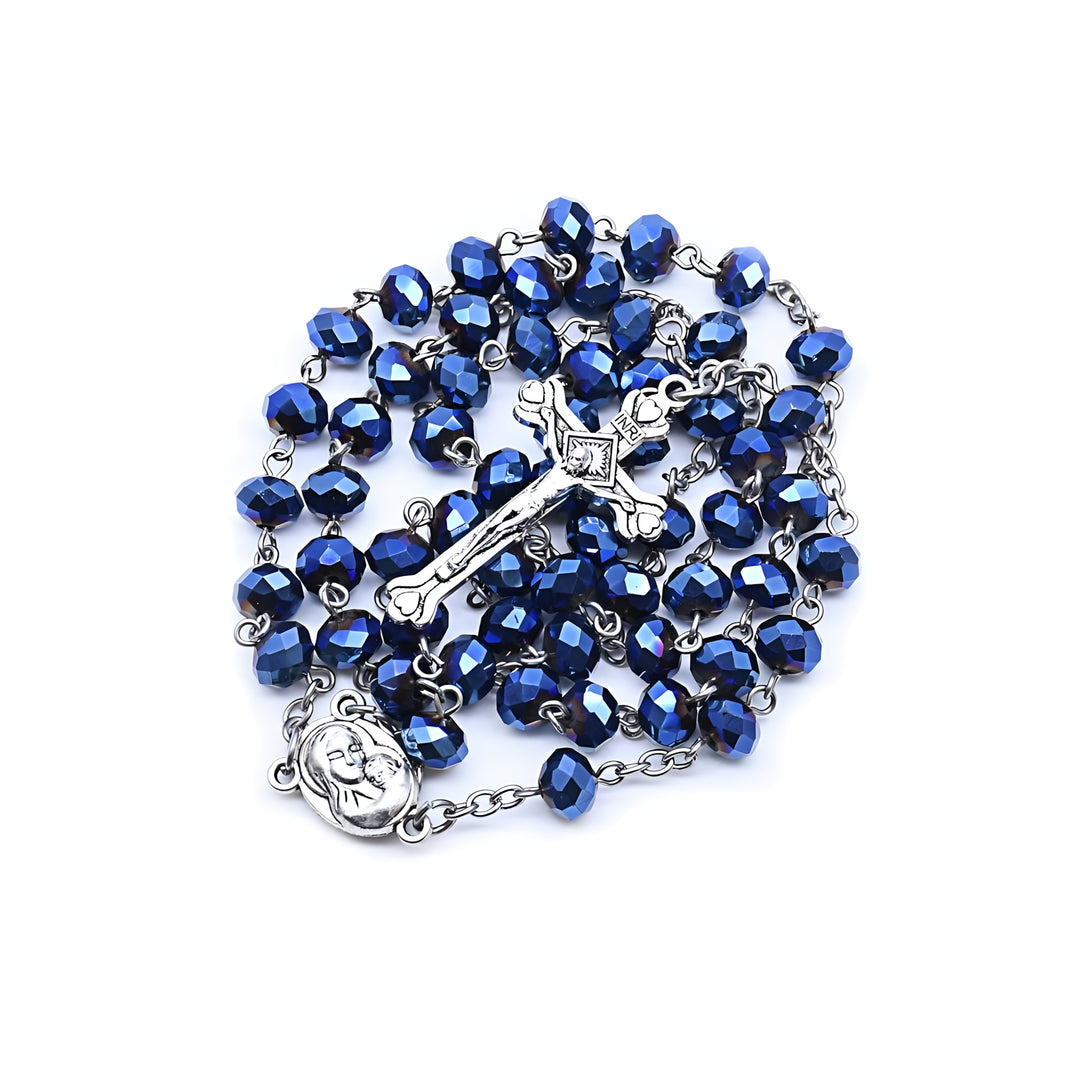 BlessingTree Deep Blue Crystal Rosary Necklace with Silver Crucifix and Virgin Mary Centerpiece