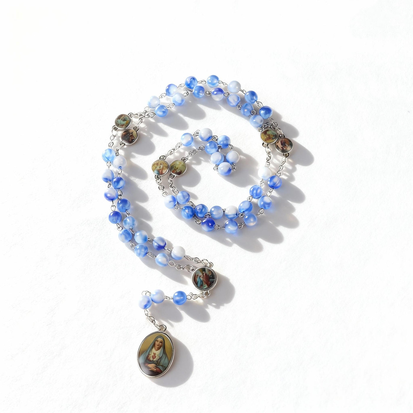 BlessingTree Seven Sorrows Rosary Necklace with Porcelain-Style Blue Acrylic Beads and Our Lady of Sorrows Medal