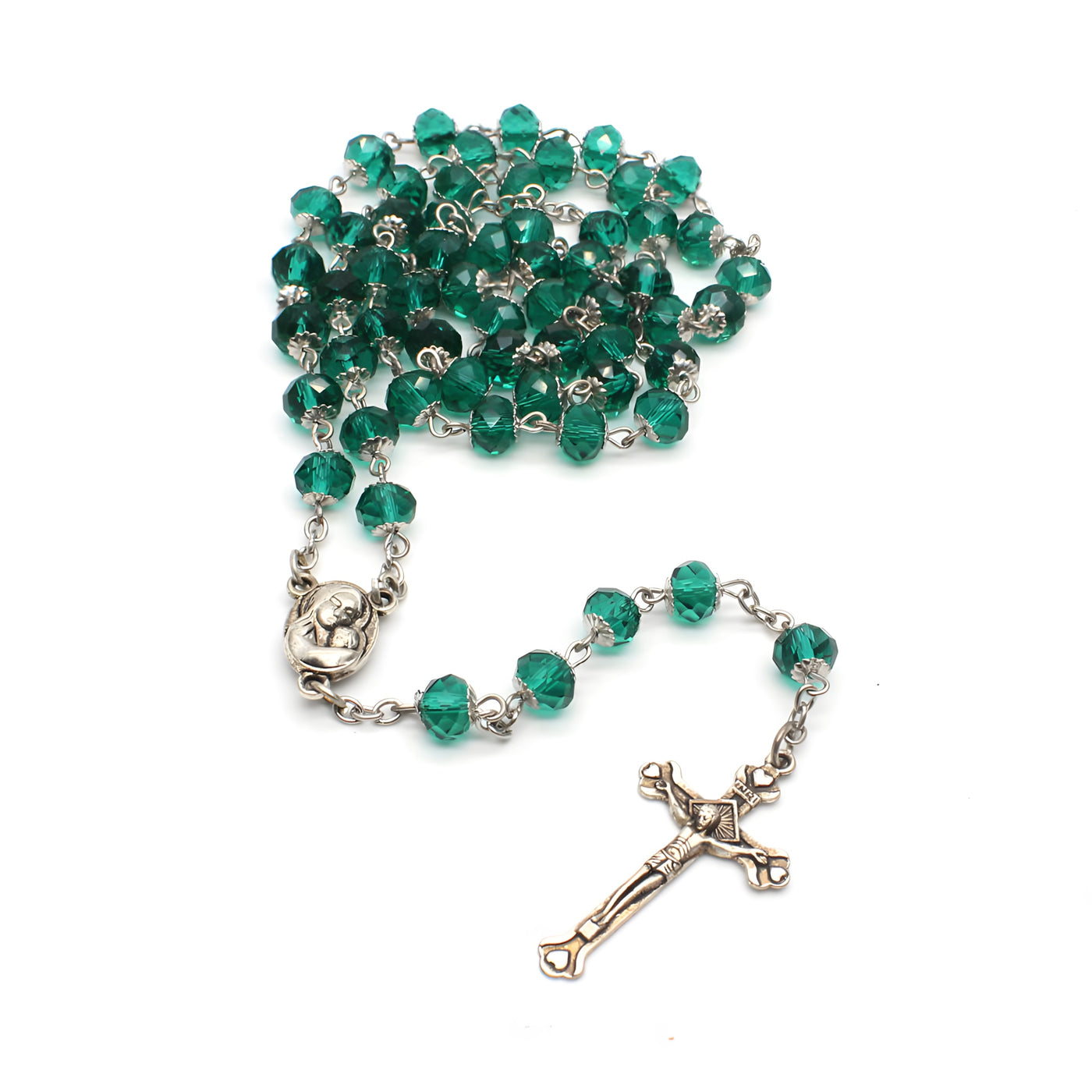 BlessingTree Emerald Crystal Rosary with Silver Crucifix – A Handcrafted Beaded Prayer Necklace