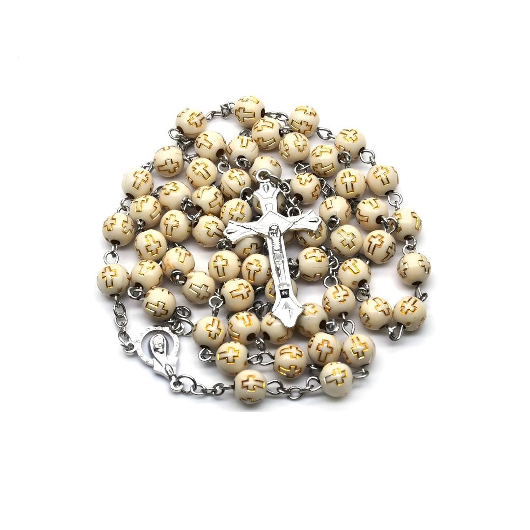 BlessingTree Cream White Cross Rosary Necklace — Elegant Prayer Beads with Silver Crucifix