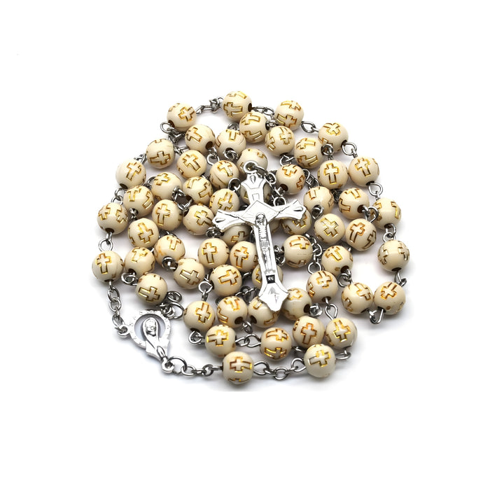 BlessingTree Cream White Cross Rosary Necklace — Elegant Prayer Beads with Silver Crucifix