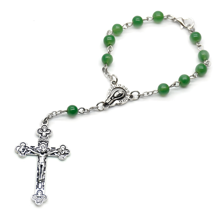 BlessingTree Pocket Rosary Bracelet – 6 mm Green Alloy Beads with Silver Crucifix