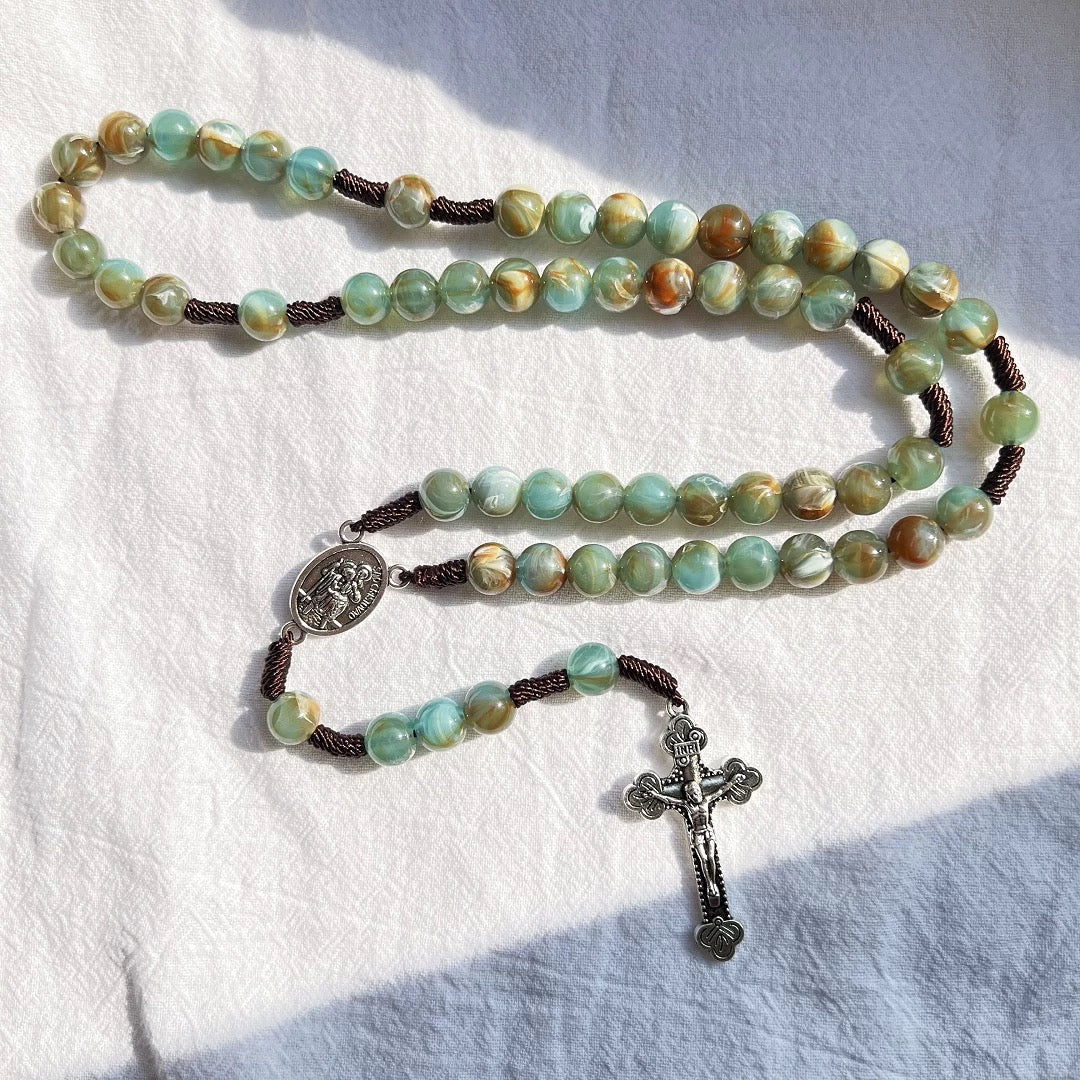 BlessingTree Handcrafted Agate-Style Beaded Rosary Necklace